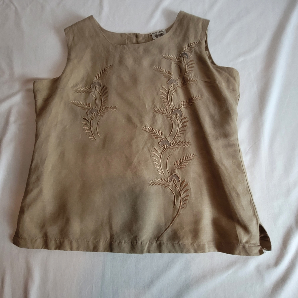 Vintage Magic Beige Embroidered Button Up Back Ramie Blend Top Size L